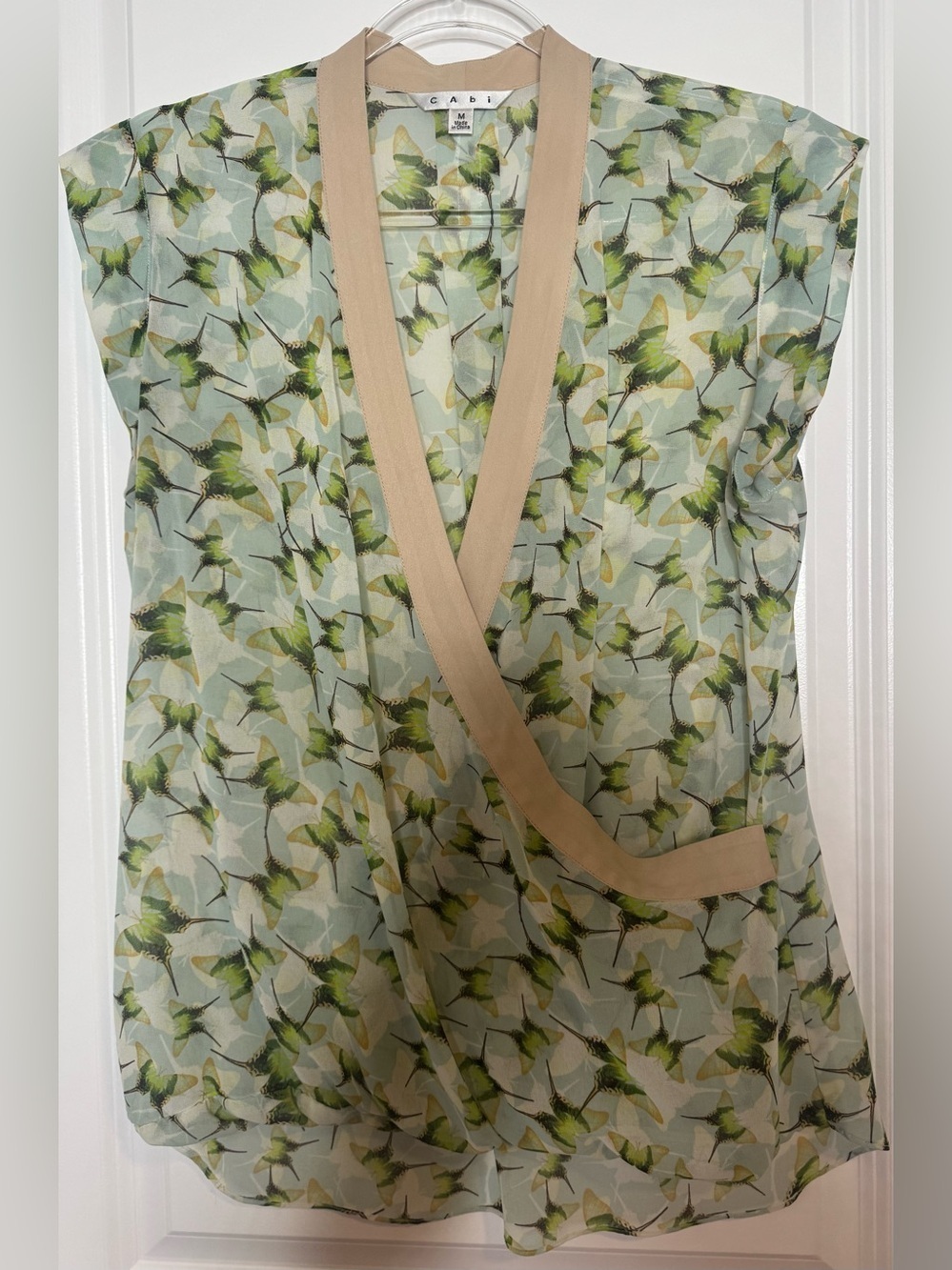 CAbi Green Floral Wrap with Beige Trim butterfly sheer blouse sz Md summer light